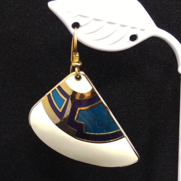 Laurel Burch White Purple Blue Enamel Fan Earrings, Gold Plated Cloisonne, 1980s - Picture 3 of 10